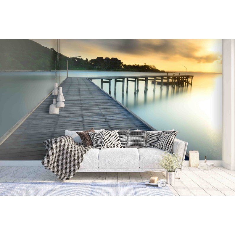 3D WALLPAPER CUSTOM WALLBANNERtema Jembatan kayu yang indah dengan matahari terbit di taman nasional