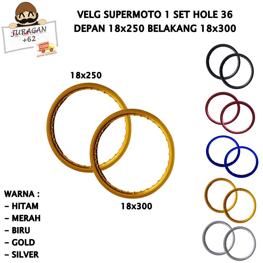 VELG SET SUPERMOTO RING 18 250 300 18x250 18x300 HOLE 36 PELEK VELEG SUPER MOTO 18-250 18-300 KLX DTRACKER D TRACKER CRF WR