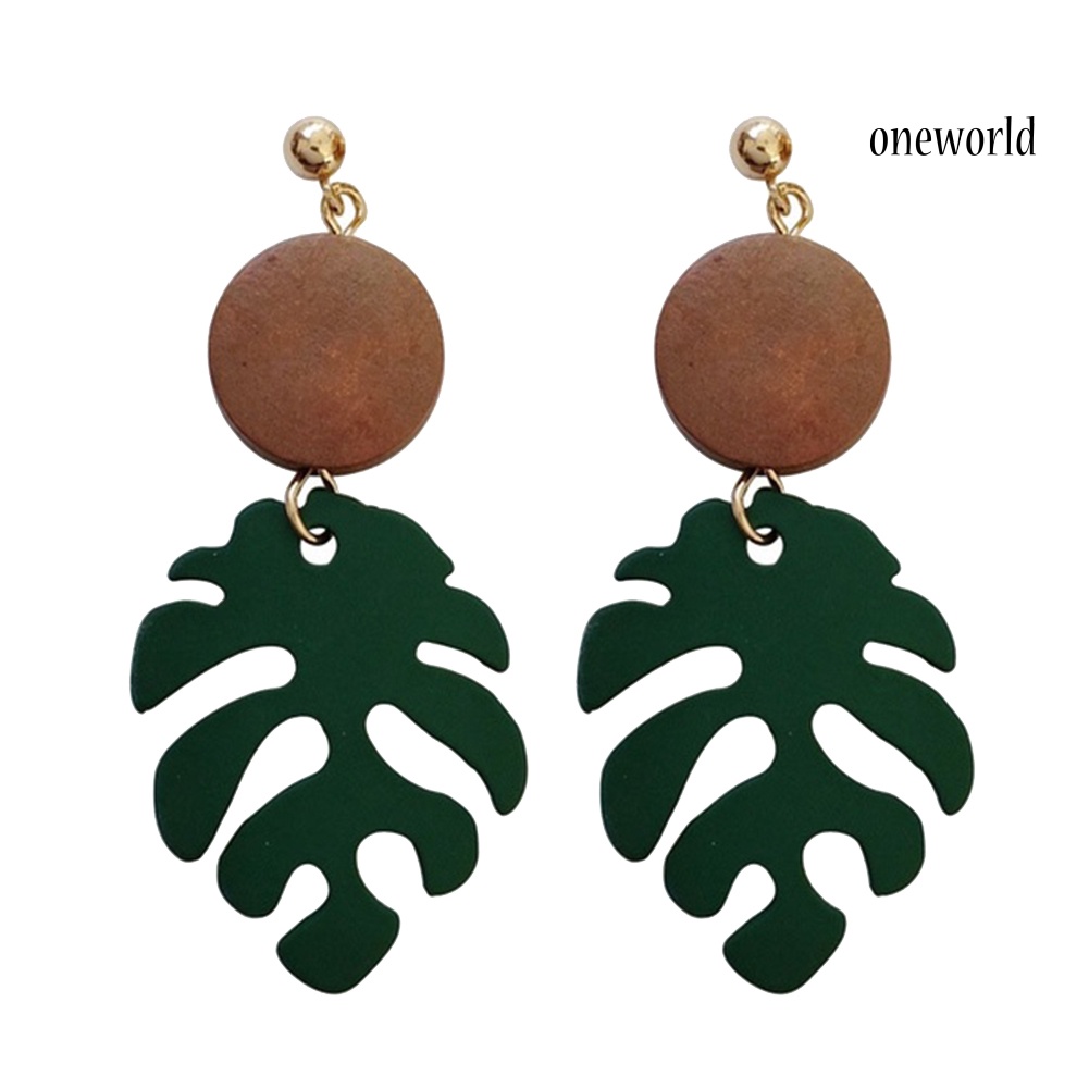 OW@ Bohemian Wooden Monstera Leaf Dangle Women Stud Earrings/Ear Clips Jewelry Gift