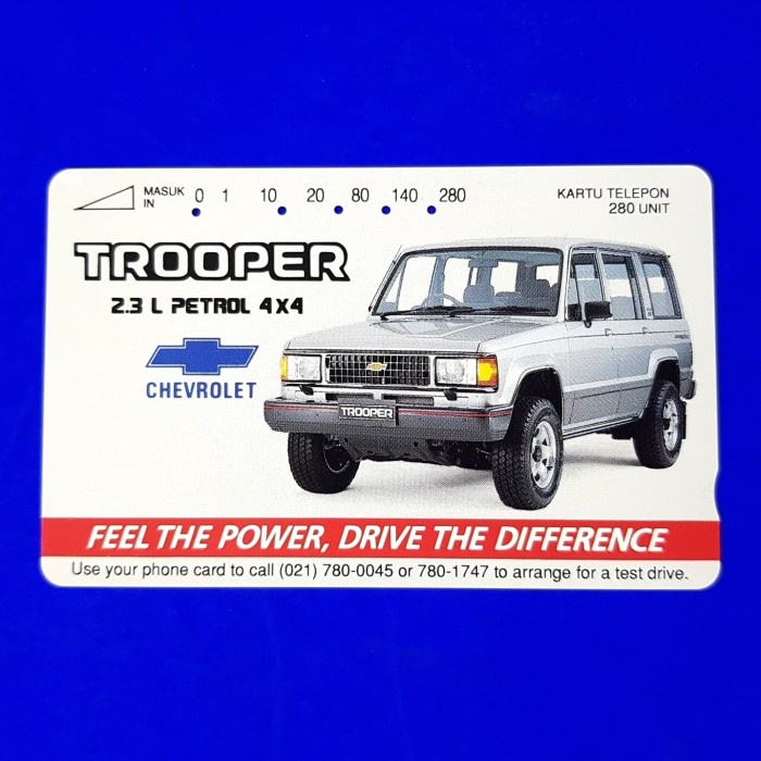 

Cantik Kartu Telpon Magnetik Jadul Telkom 280 Unit. "Mobil Chevrolet Trooper" Sale!!!
