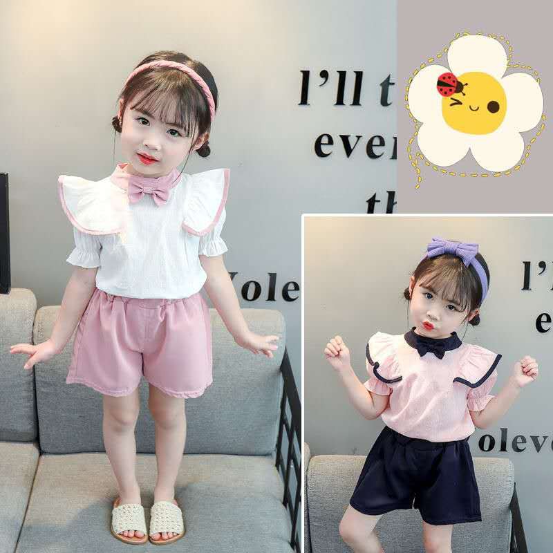 KF Cat Baju setelan anak perempuan korea style polos kemeja+celana pendek set leher bulat kancing belakang-2