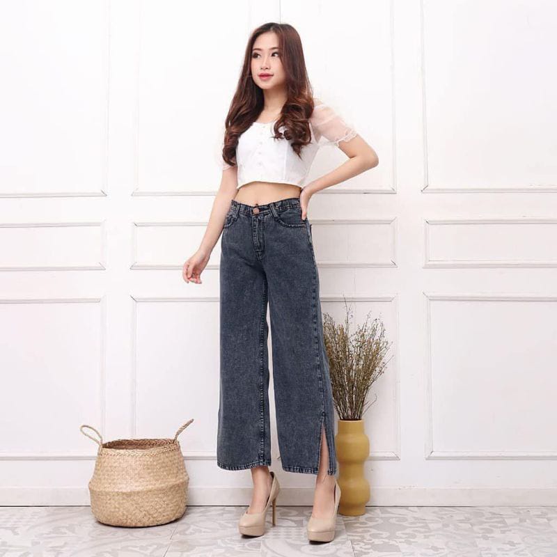 MAGCUN STORE - Celana Highwaist Jeans Wanita - Boyfriend Kulot Jeans Eonni - BF Kulot Eonni Kaki Belah