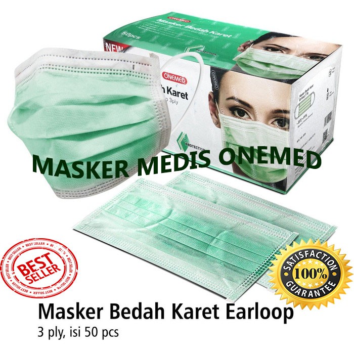 MASKER ONEMED MEDIS EARLOOP 3 PLY HIJAU 1 KOTAK ISI 50 PCS SEGEL ORIGINAL CANTOL TELINGA