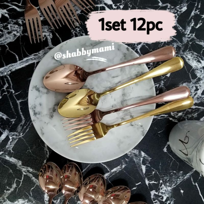 SENDOK GARPU MAKAN BAHAN STAINLESS STEEL WARNA GOLD ROSEGOLD