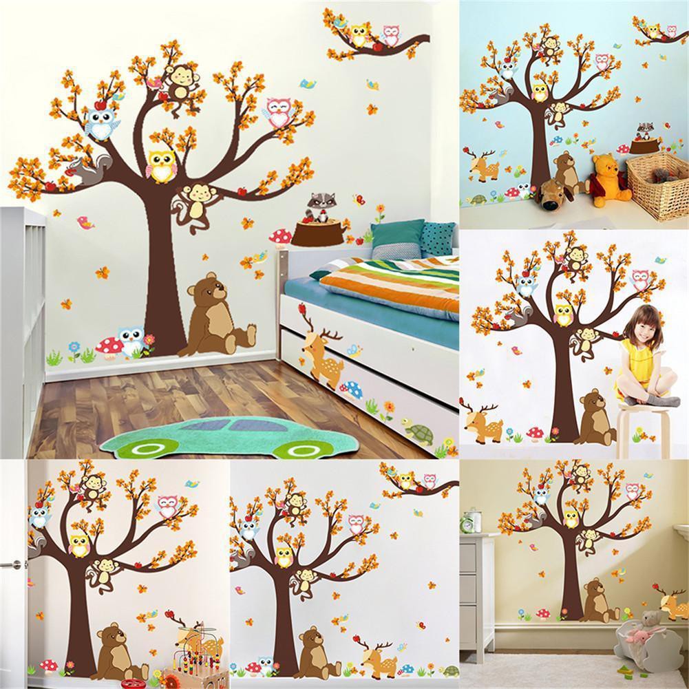 Stiker Dinding Desain Kartun Binatang Hutan Monyet Burung Hantu Monyet Beruang Rubah Stiker Dinding Desain Kartun Binatang Hutan Monyet Burung Hantu Monyet Beruang Rubah