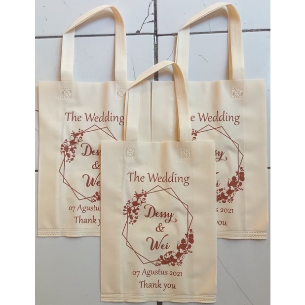 

Tas Spunbond Termurah Tipe Tali UK 25×35×10 Plus Sablon 1 Sisi 1 Warna/kilat
