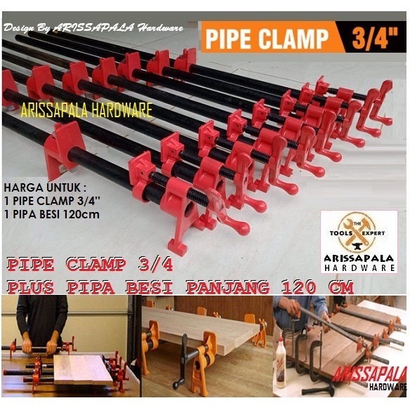 Klem Papan Kayu Catok Penjepit Pres Pipe Clamp Fixture 3 Per 4inch Plus Pipa Besi panjang 120 cm