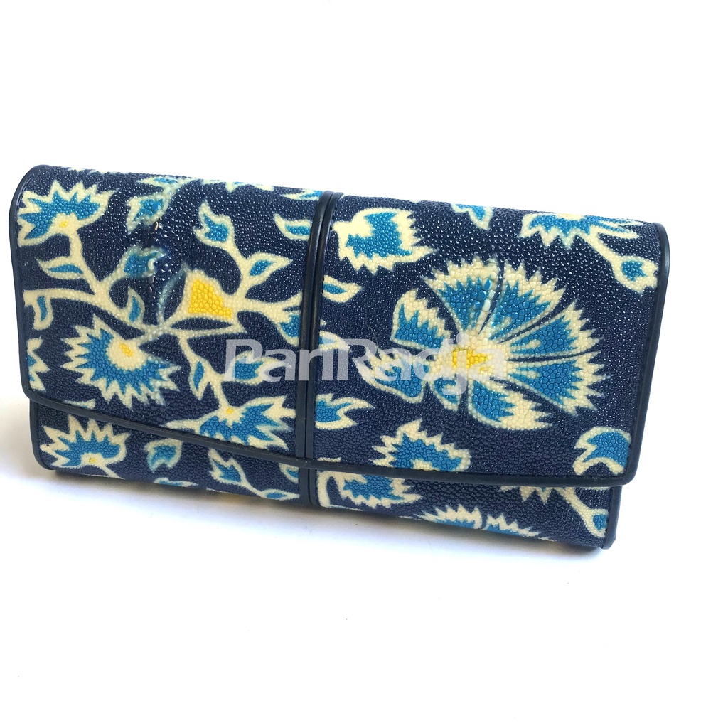 Dompet wanita kulit ikan pari asli model besar motif bunga biru langit | dompet kulit ikan pari