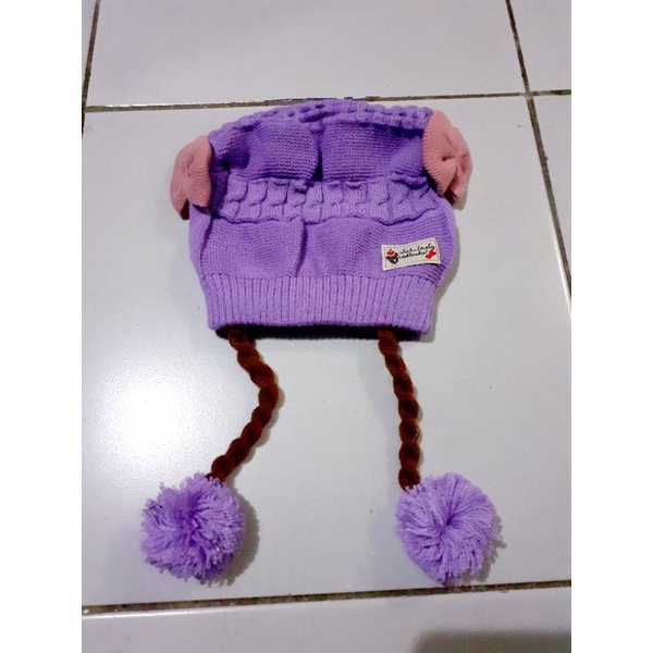 TOPI BAYI RAMBUT/KUPLUK KEPANG POMPOM GRATIS PASANG NAMA SUKA SUKA-Ungu Muda
