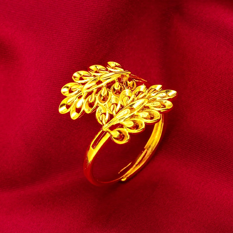 Goldkingdom Perhiasan Fashion Emas Asli Kadar 375 Bangkok Aksesoris Ready Stock Adjustable Dedaunan Wajah Lebar Cincin Untuk Wanita