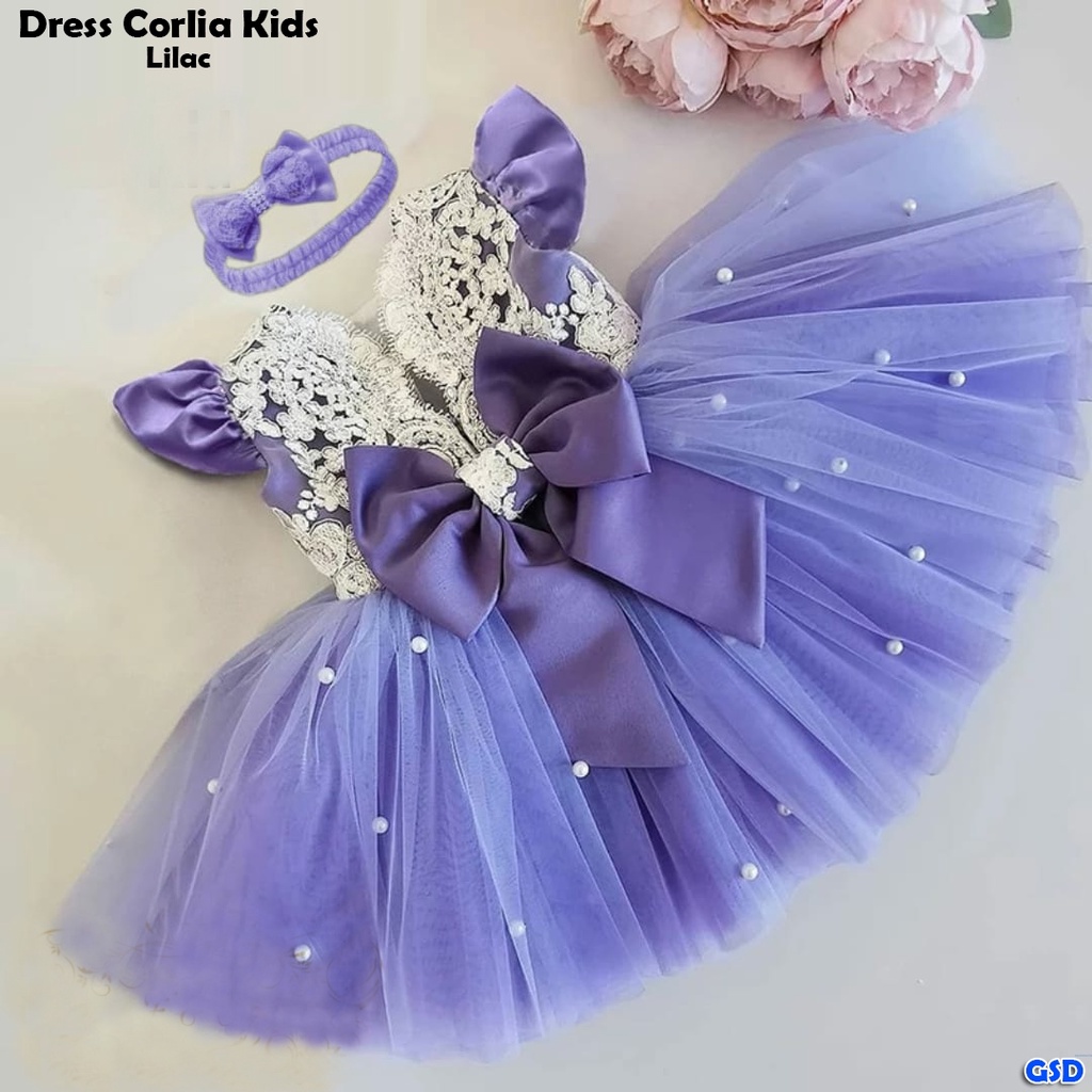 Kids Corlia/ Baju Anak FREE BANDO Terusan Dress Pesta Ada Mutiara Dan Pita Bahan Brukat Kombi Lapis Furing Usia 2 Thn  Sampai 4 thn