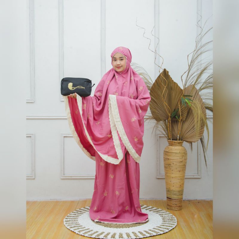 RIZQIANA STORE - Mukena Dewasa Jumbo Bordir Bunga Tulip Free Tas Pouch
