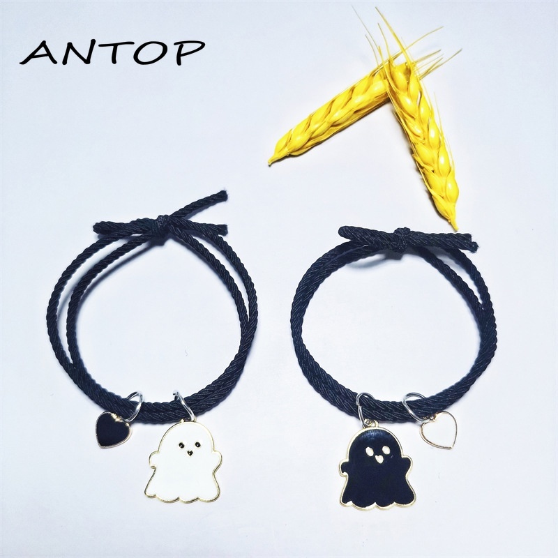 2Pcs Gelang Couple Pasangan Hitam Tenun/Lucu Hantu Magnet Kapel Persahabatan Wanita Dan Pria Adjustable Gelang