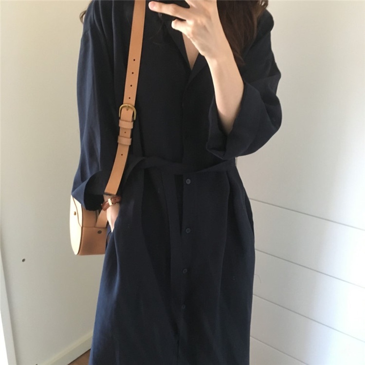 Korea fashion retro minimalis warna solid maxi Dress Kemeja lengan panjang wanita