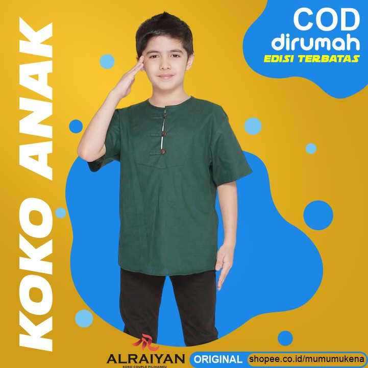 ALRAIYAN OFFICIAL BAJU KOKO ANAK 5 TAHUN LENGAN PENDEK WARNA HIJAU BOTOL KAIN KATUN