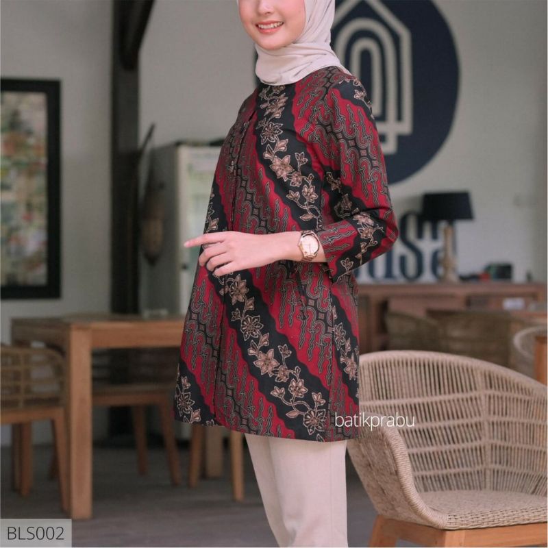 Batik kemeja pria lengan panjang lapis furing bahan katun premium size reguler prg merah hitam