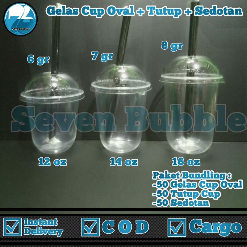 50pcs Gelas Cup Oval  + 50pcs Tutup + 50pcs Sedotan / Gelas Cup Plastik Minuman Boba