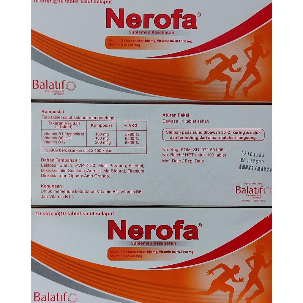 Nerofa 100 Tablet / Vitamin B1 / B6 / B12 / Mengurangi Kerusakan Saraf / Kesemutan / Kebas-kebas