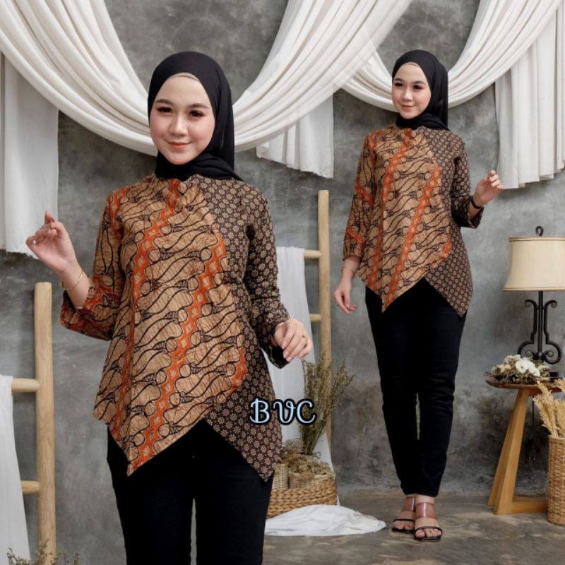 tey-17 Batik Wanita ASJ SA HRB026 Kenogo Kemeja Tosca Pendek-B truntum coklat