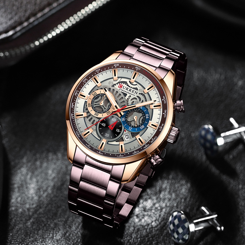 Jam Tangan Pria CURREN 8391Analog Automatic Date Chronograph Activity Strap Stainless Steel Bercahaya Tangan Tahan Air Kuarsa Asli Men Watch