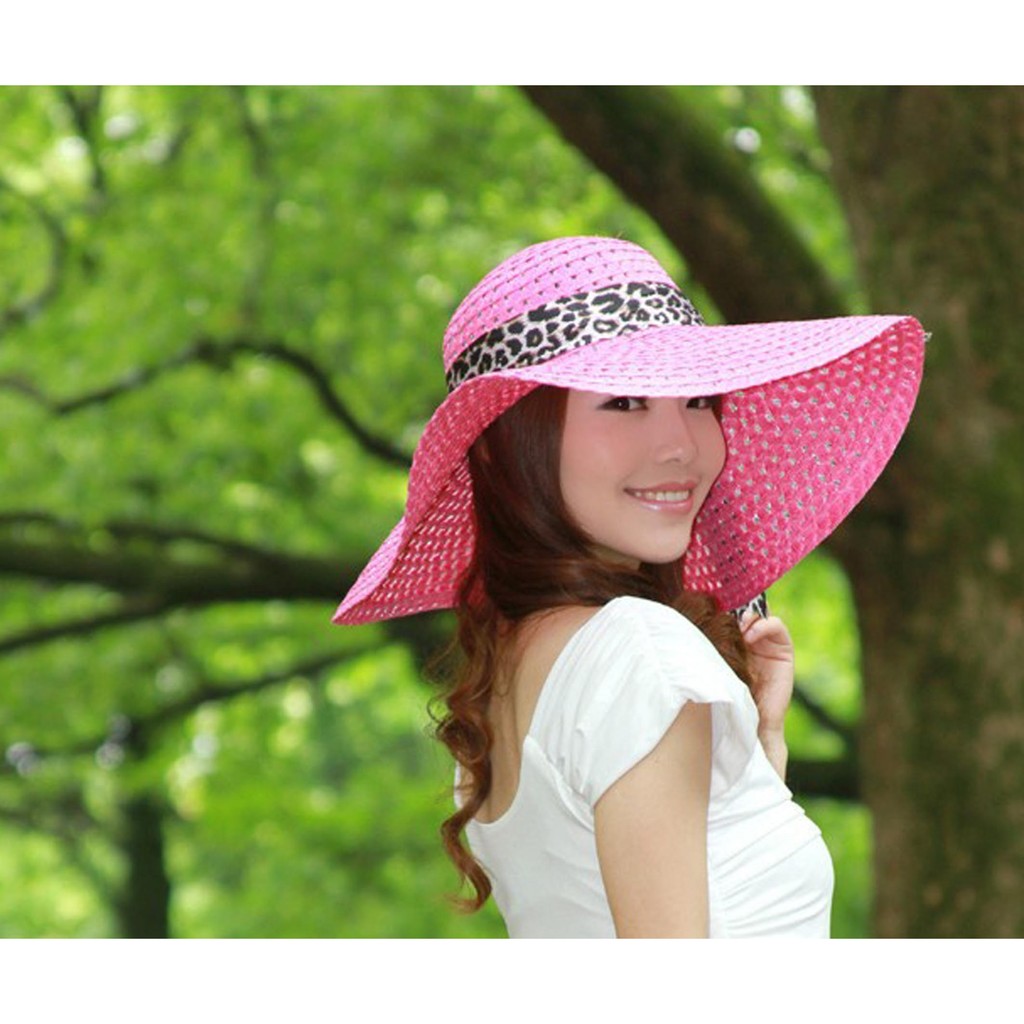 topi pita leopard / leopard bow straw sun hat (1A3) JTO013