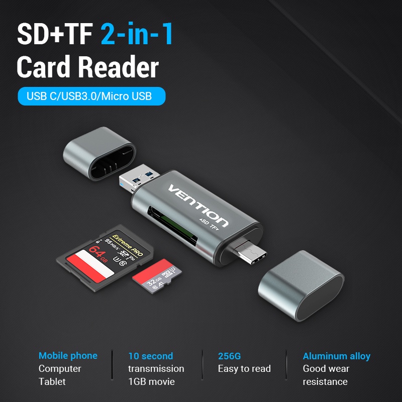 ( Bisa Cod ) Vention Card Reader USB A 3.0 2.0 Type C Micro SD Card OTG CCH CCJ ORI