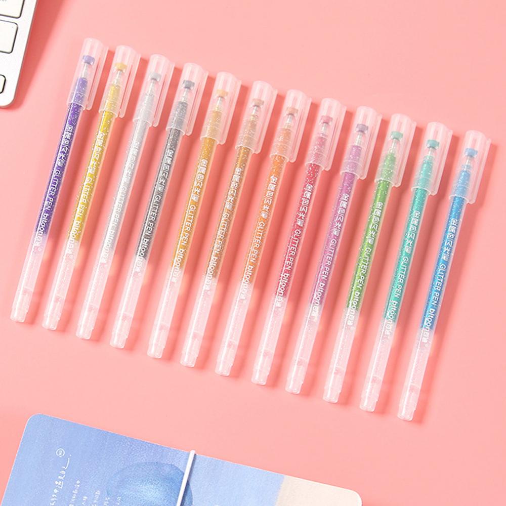 Timekey 12pcs / set Pen Gel Highlighter Glitter Multi Warna Untuk Stationery Sekolah / Kantor / Scrapbook DIY D9X6