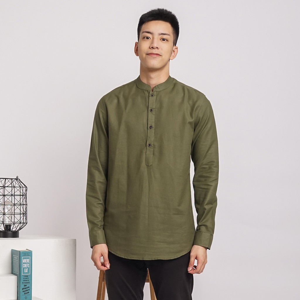 SANVANINA E-1411J Kemeja Lengan Panjang Pria Kerah Shanghai Koko ARMY GREEN