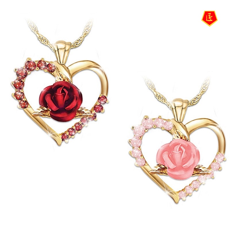 [Ready Stock]Creative Diamond Zircon Rose Heart-Shaped Pendant New Fashion