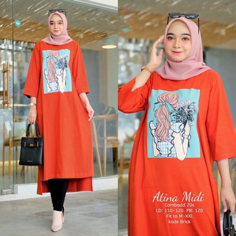 MIDI DRESS ATINA BAHAN KAOS KATUN COMBED 24S APLIKASI SABLON UKURAN M , L , XL , XXL MIDI DRESS MUSLIM / MIDI DRESS WANITA JUMBO / KAOS KATUN COMBED LENGAN PANJANG WARNA BLACK , PINK , BLUE , LIME , LILAC , BATA