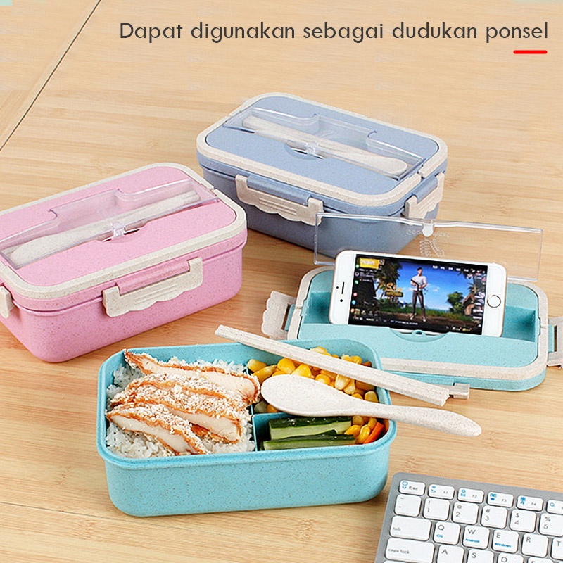 Kotak Bekal Makan 3 sekat Bahan Jerami / LUNCH BOX SET FREE SENDOK+GARPU BPA FREE CF12