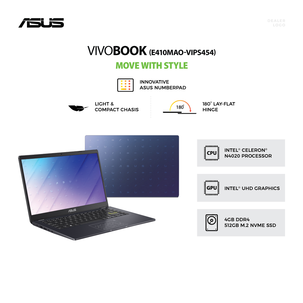 Asus E410MAO-VIPS454 N4020/UMA/4GB/512GB/Peacock Blue/VIPS/FHD/OPI/Win 10