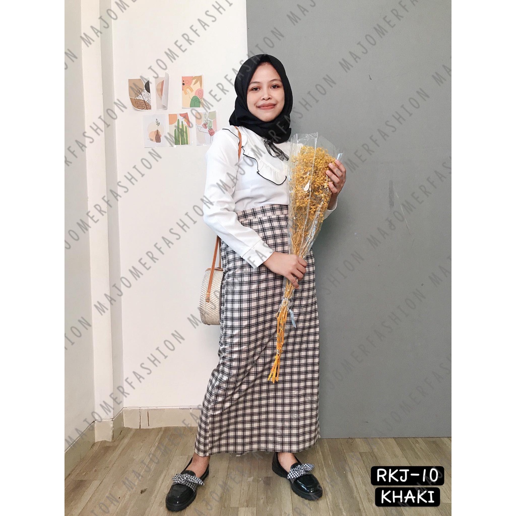 MAJOMER ® | ISHAK TARTAN LONG SKIRT - ROK PANJANG SEMI SPAN-RKJ-10 KHAKI