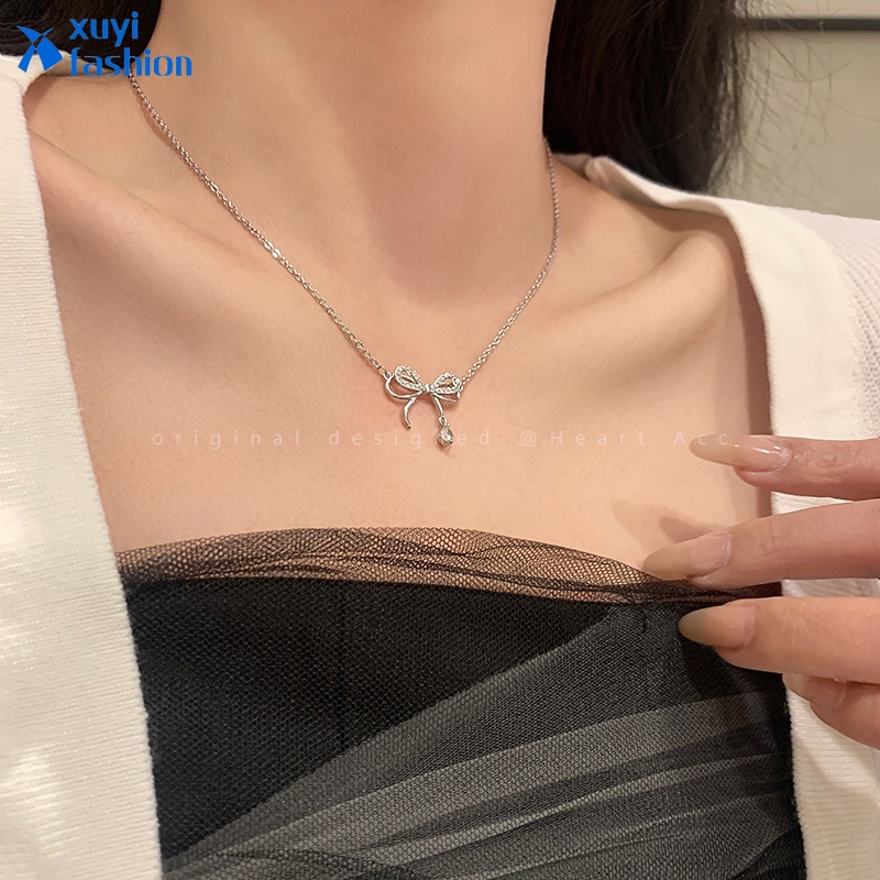 Kalung Rantai Choker Liontin Pita Aksen Berlian Warna Silver Untuk Wanita