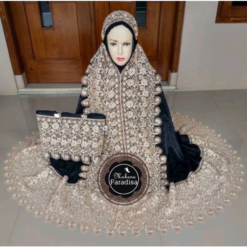 MUKENA PRADA RENDA MEWAH SWAROVSKI CANTIK PREMIUM JUMBO BAGUS TASIK GROSIR TASIKMALAYA MUKENA FARADI