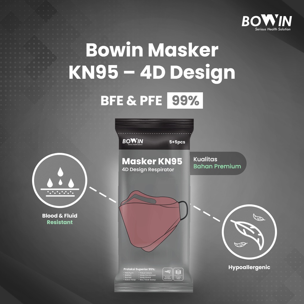 BOWIN Masker KN95 4D Design 95% BFE PFE (Masker Kesehatan Model KF94) 1 pack isi 5 / 10 pcs