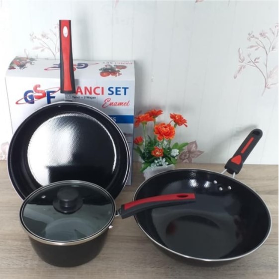 Panci Set Enamel GSF G-2630 Frypan Tutup kaca Wajan Wok Dan Saucepan