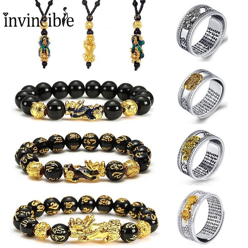 Set Gelang Tangan Elastis Adjustable + Kalung Manik-Manik Batu Obsidian Untuk Pria / Wanita