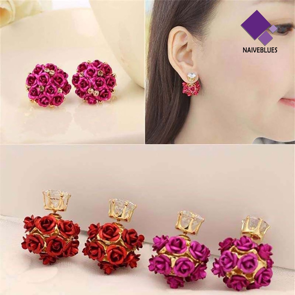 Anting Stud Bentuk Bunga Mawar Bahan Alloy Aksen Berlian Imitasi