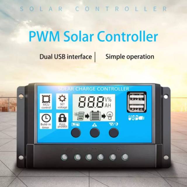 Solar Charge PWM Auto Controller 12v 24v LCD Dual Port usb Panel Surya