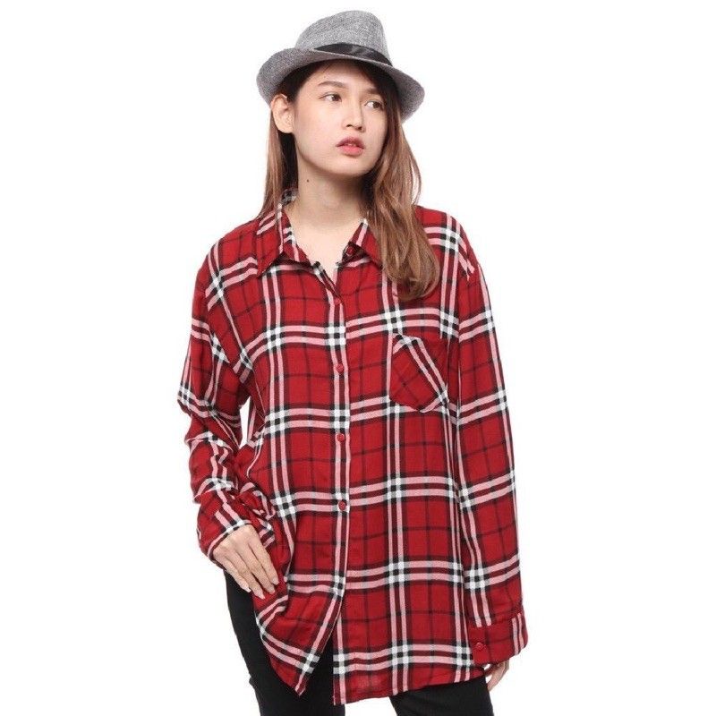 Kemeja Wanita Basic Lengan Panjang Katun Kotak XL-XXL/ Atasan Wanita-Maroon