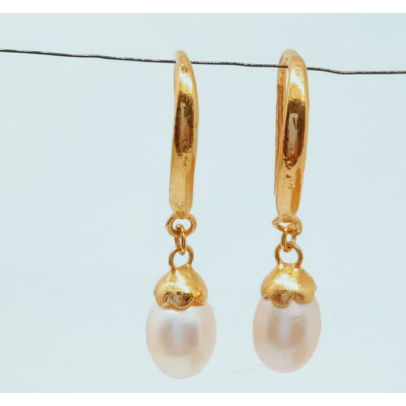 Anting Perak Krom Emas Mutiara air tawar