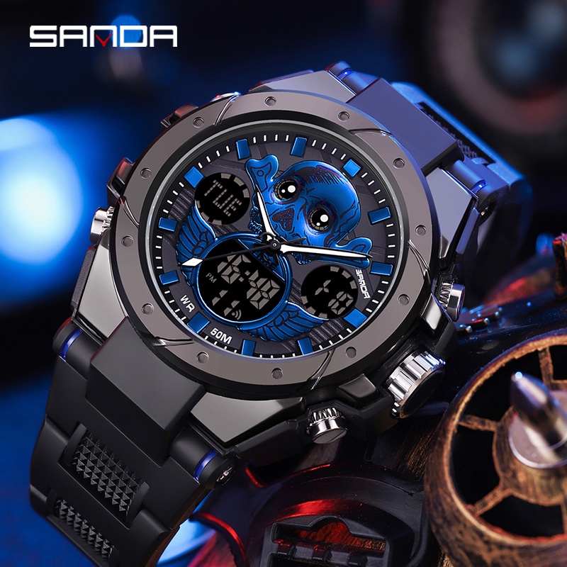 SANDA 6087 Jam Tangan Pria Digital Analog Tali Rubber Chronograph Anti Air WATCHKITE WKOS