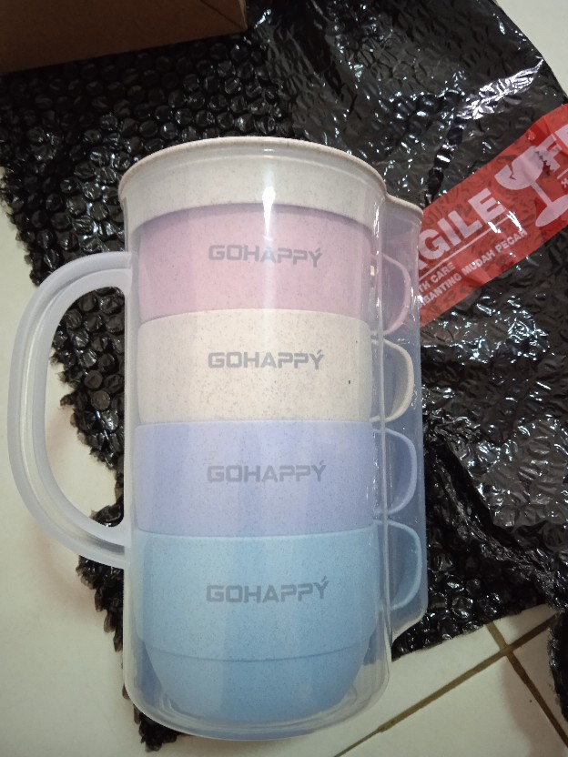 Teko Set 4 Pcs Gelas Pastel Dengan Gagang Cangkir Mug Wheat Fiber High Quality Food Grade