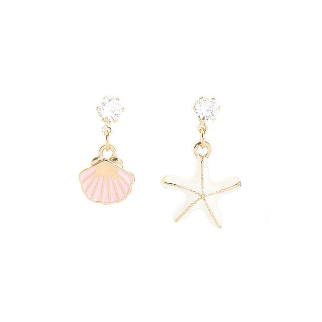 LRC Anting Tusuk Fashion Pink Shell (silver Post) Starfish Stud Earrings With Diamond Drop Oil D6956