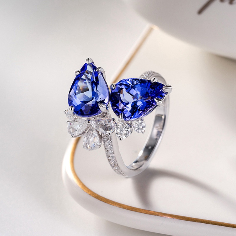 Fancyqube Cincin Berlian Sapphire Biru Tanzania Model Water Drop Terbuka Gaya Elegan Untuk Wanita