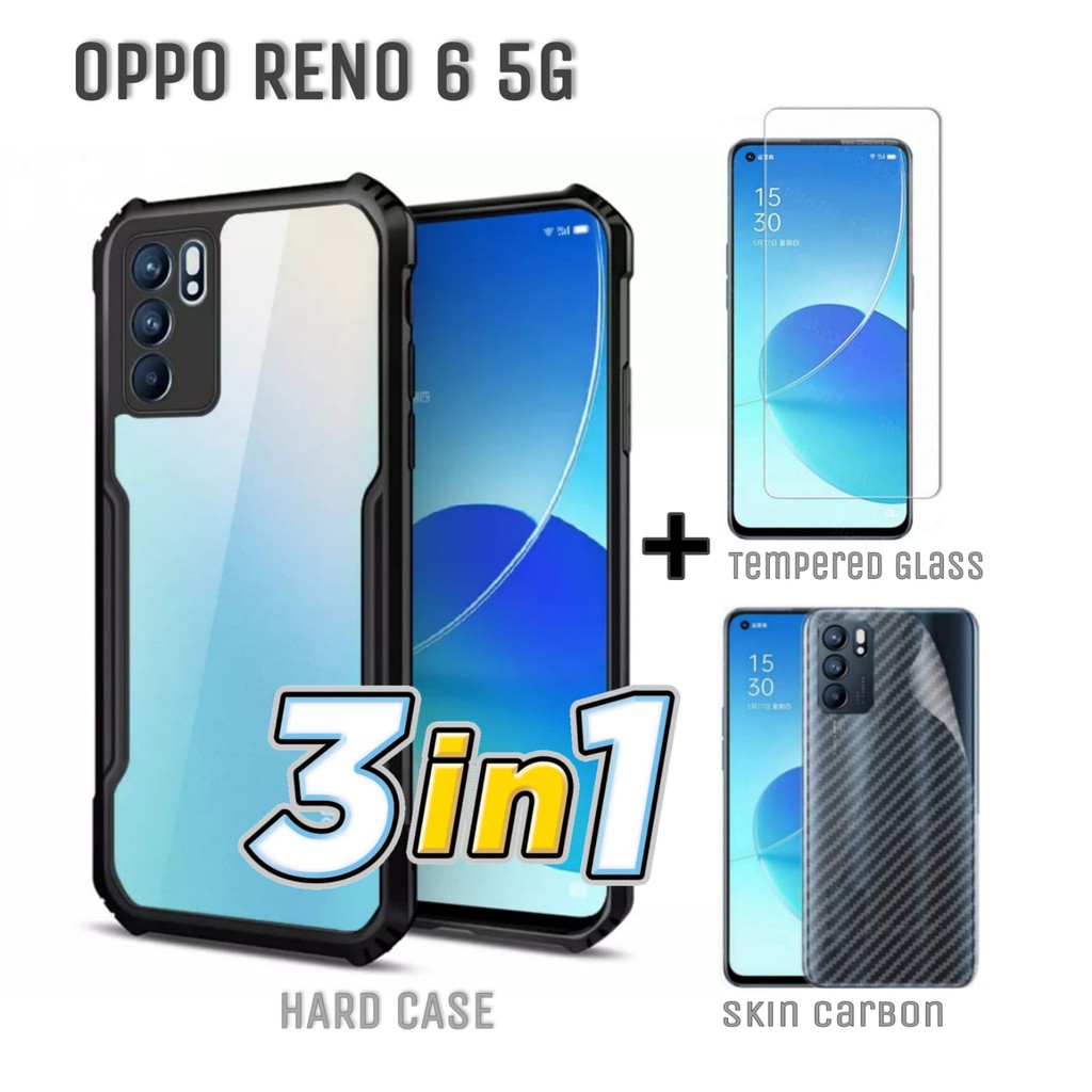 Case OPPO RENO 6 5G Paket 3in1 Hard Case Fusion Transparant Free Tempered Glass dan Garskin