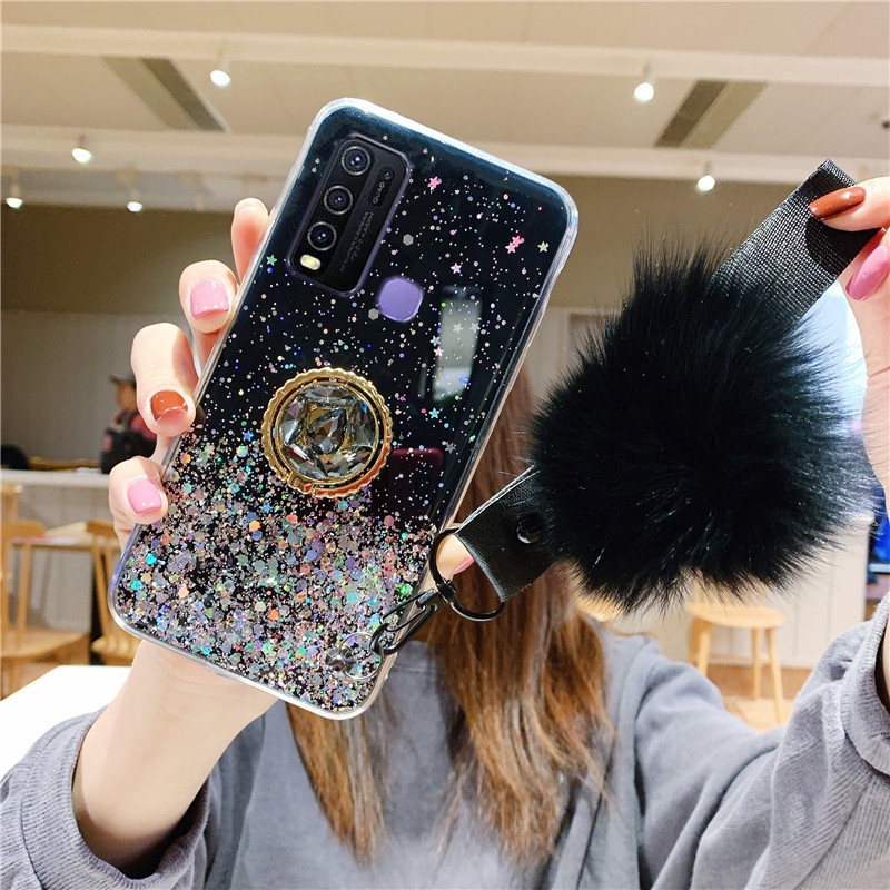 Kesing Hp Vivo Y30i Luxury Rhinestone Ring Holder Strap Fur Ball Transparent Star Space Tpu Soft Cover Casing Vivo Y30i Shopee Indonesia