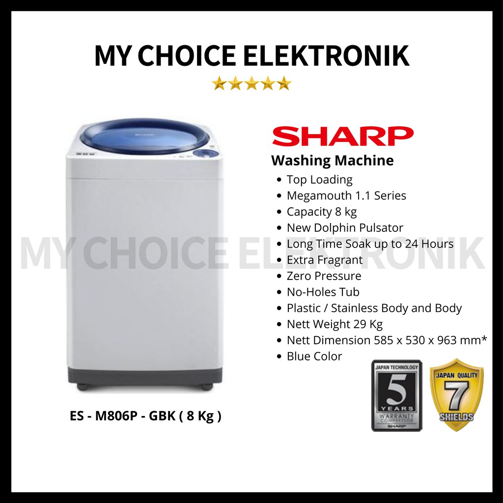 SHARP Mesin Cuci 8Kg ES-M806P-GBK