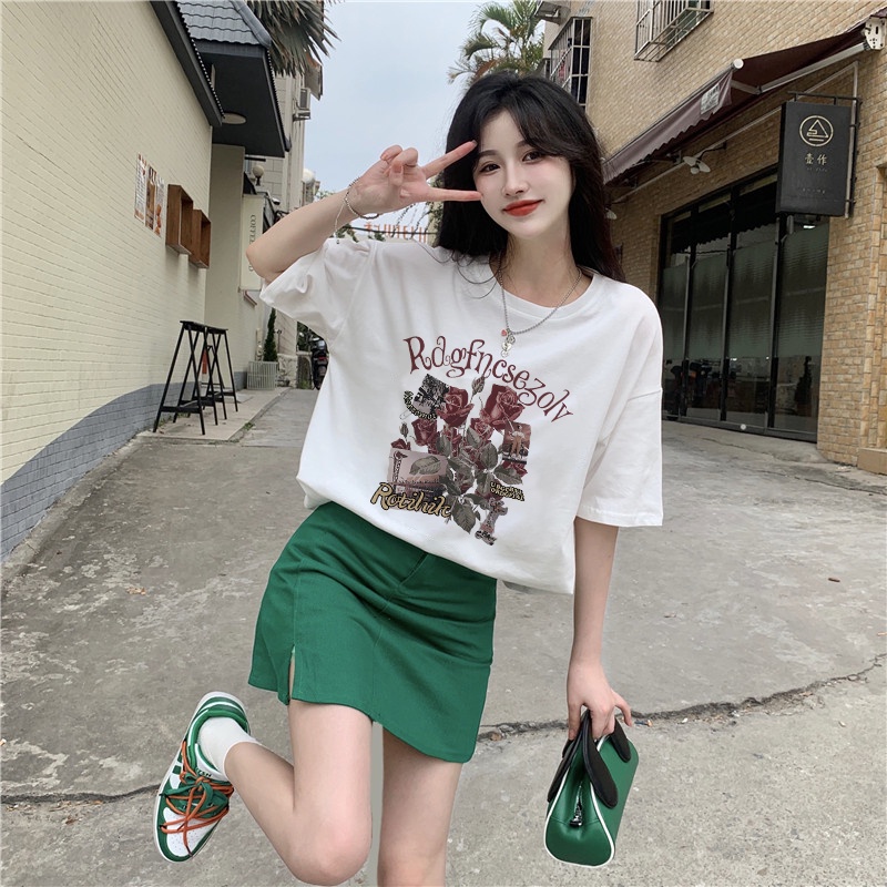 korean style Retro Printed T-shirt/Kaos Wanita Oversize SPACE Katun Baju Atasan Tumblr Tee Fashion T Shirt Cewek Perempuan Lengan Pendek